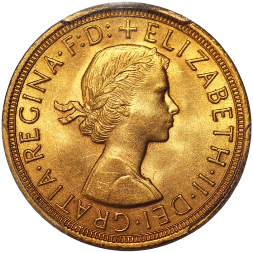  1959年英国索维林金币，PCGS MS64，#43868180 Great Britain, 1 sovereign, 1959, Young laureate head of Queen Eliz