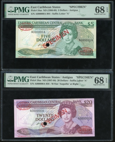 1986-88年东加勒比伍、贰拾圆样票一组两枚，编号A000000A，均PMG68EPQ（2） Eastern Caribbean Central Bank, a pair of $5 and $20