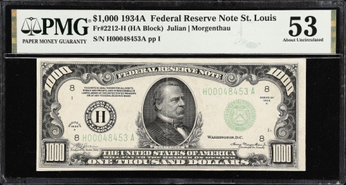  1934A1000美元圣路易斯 PMG  AU 53 1934A $1000 Federal Reserve Note
