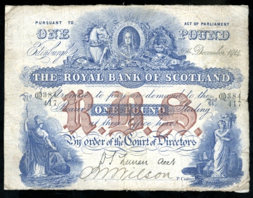  1914年苏格兰皇家银行一镑，编号Q384417，F The Royal Bank of Scotland, 1 pound, 1914, serial number Q384 417, (Pick 