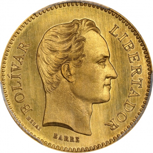  1875年委内瑞拉金币 PCGS SP 65 VENEZUELA. Gold 5 Venezolanos Essai
