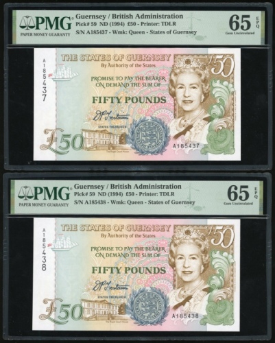  1996年根西伍拾镑两枚连号，编号A185437-8，均PMG65EPQ（2） Guernsey, a consecutive pair of £50, serial number A185437-8