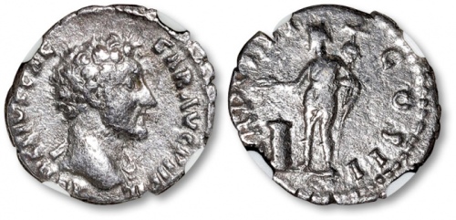  公元161-180年罗马帝国“皇帝奥里利乌斯像”迪纳里银币一枚，NGC VF（4972149-008）