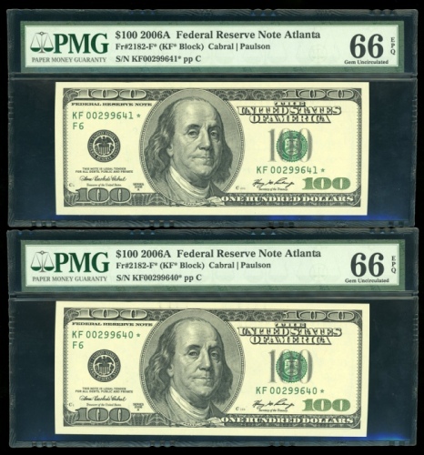  2006年美国一佰圆一组两枚补版，编号KF00299640*-299641*，均PMG66EPQ（2） United States: Federal Reserve Note, a pair of $