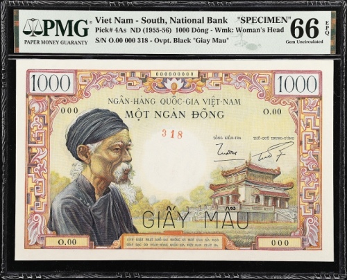  1955年越南国家银行1000盾 PMG Gem Unc 66 EPQ VIETNAM,National Bank. 1000 Dong