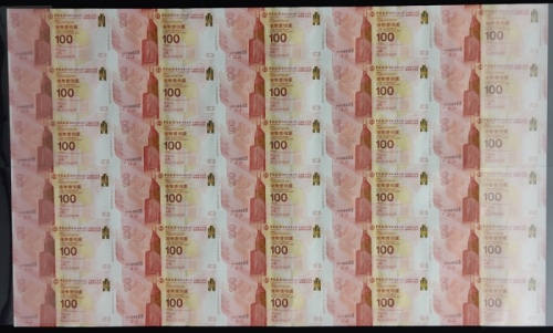  2017年中国银行100元30连体钞，编号以603作结，HY字轨，中国银行在港服务一百周年纪念钞，UNC，连原包装 Bank of China, an uncut sheet of 30x $100,