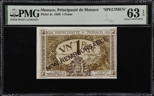  1920年摩纳哥1法郎 PMG Choice Unc 63 MONACO. Principaute de Monaco. 1 Franc