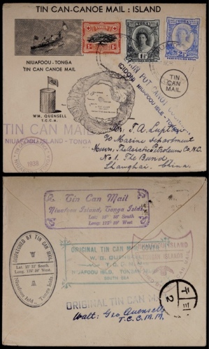  1938年汤加锡罐邮件寄上海，有上海商码到达戳