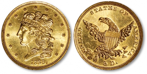  美国1835年5美元金币一枚，罕见，打制极为深峻利落，币边高挺，图案文字饱满峭拔，浮雕感十分强烈，镜面底版，平滑光洁，光泽熠熠生辉，状态极佳，完全未使用品