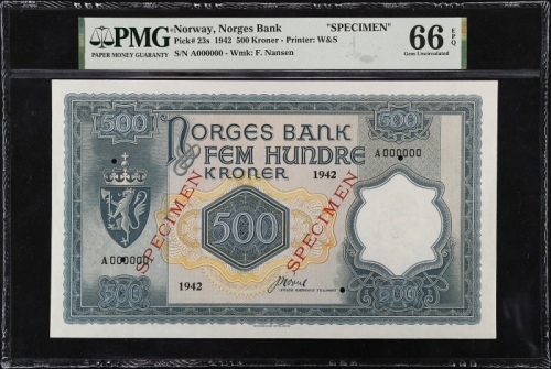  1942年挪威银行500克朗票样 PMG Gem Unc 66 EPQ NORWAY. Norges Bank. 500 Kroner