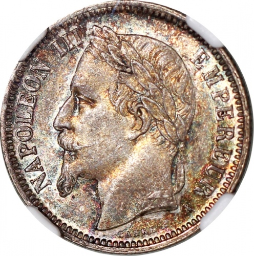  1868A法国1法郎银币，NGC MS61，#5904377-047 France, silver franc, 1868A, NGC MS61, #5904377-047.