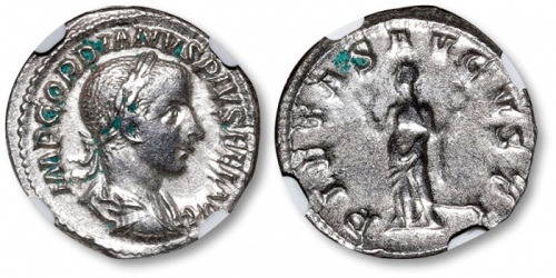 公元238-244年罗马帝国“皇帝戈迪安三世像”迪纳里银币一枚，NGC XF（4972149-010）