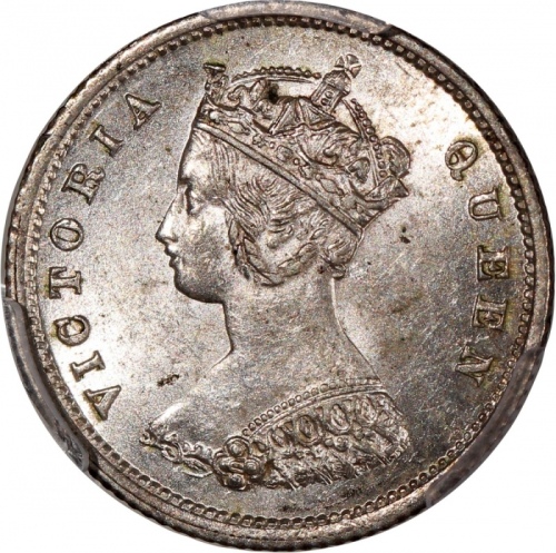  1866年香港维多利亚一毫，十珠版，PCGS MS62，#46484244，罕见皇家造币厂版别，不可多得之美品