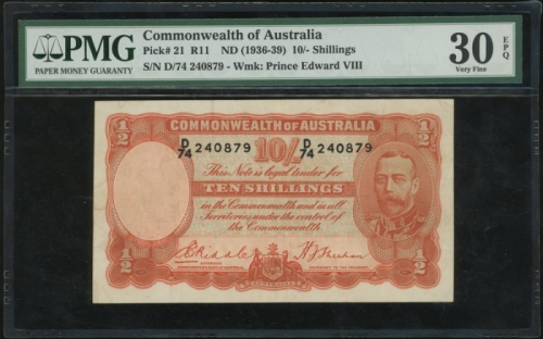  1936-39年澳大利亚拾先令，编号D/74 240879，PMG30EPQ Commonwealth of Australia, 10 shillings, ND(1936-39), serial 