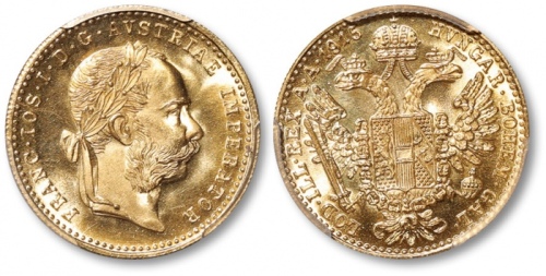  奥匈·奥地利1915年皇帝“弗朗茨约瑟夫一世像”达克特金币一枚，后铸，金盾PCGS MS68（85925431）