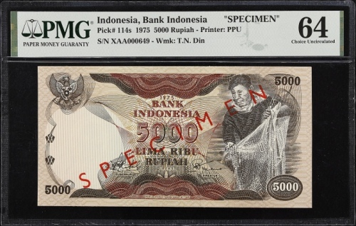  1975年印度尼西亚银行5000卢比 PMG Choice Unc 64 INDONESIA. Bank Indonesia. 5000 Rupiah