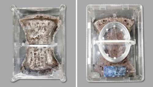  元 “蒙山课银·黄字号·瑞州路提调官、收银库官滕渊·库子段诚思·炉户易志周·销银匠余有诚·至正十年月日进”五十两银铤一枚，重：1908g，形制饱满规整，铭文古拙，深竣清晰，原味老包浆，开门见山，中国银