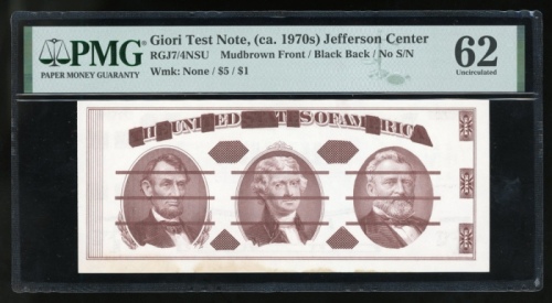  70年代Giori SA美圆试印样票，PMG62，有微污 The United States, Giori Test Note, no denomination, ca. 1970s, no seri