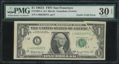  1963年美国一圆错体，摺白，编号L46022657C，PMG30EPQ United States, Federal Reserve Note, San Francisco, $1, ERROR N