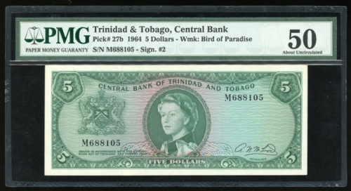  1964年千里达及托巴哥伍圆，编号M688105，PMG50 Trinida & Tobago, $5, 1964, serial number M688105, (Pick 27b), PMG 50