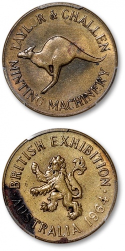  1964年澳大利亚英国博览会·泰勒和查伦（退辣车伦）铸币机械公司广告章一枚，黄铜，打制规范深峻，图案立体饱满，淡灰色包浆，底光柔亮，金盾PCGS UNC Detail（88393441）
