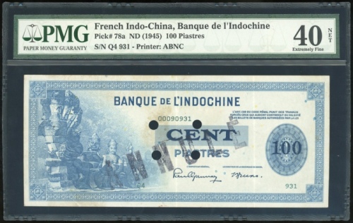  1945年东方汇理银行一佰圆，编号Q4931，打洞註销，PMG40NET，有锈跡 French Indo China, 100 piastres, ND(1945), serial number Q4