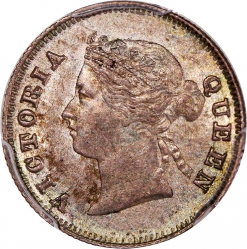  1881年香港维多利亚五仙，8骑7版，PCGS AU58，#46484217