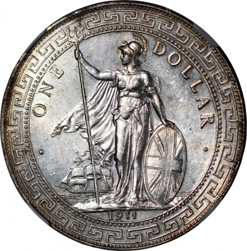  1911B英国贸易银元，NGC AU Details正面有清洗，#6466526-015. Great Britain, silver trade dollar, 1911B, NGC UNC Det