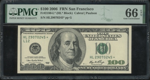  2006年美国一佰圆补版，编号HL29070245*，PMG66EPQ United States, Federal Reserve Star Note, $100, 2006, FRN San Fr