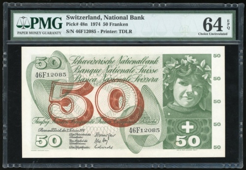  1974年瑞士伍拾法郎，编号46F 12085，PMG64EPQ Switzerland, 50 franken, 1974, serial number 46F 12085, (Pick 48n),