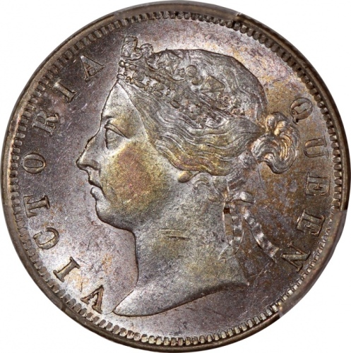 1888年香港维多利亚二毫，PCGS MS61，#46484227，带彩虹包浆，维多利亚脸颊覆盖一抹浅黄包浆，乍看之下似為腮红，非一般之美品