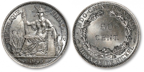  1946年法属安南自由女神坐像50分银币签字版样币一枚，打制规范深峻，细节清晰分明，底版平滑光洁，光泽旋转柔亮，状态上佳，金盾PCGS SP65(28790473)
