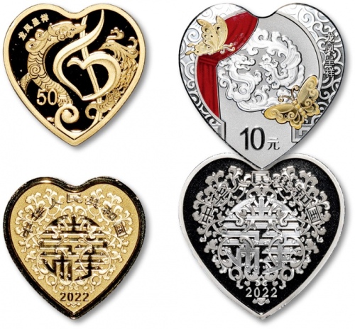  2022年吉祥文化金银纪念币“龙凤呈祥”3g金币、30g银币共2枚全套，爱心形币为中国金币总公司发行之少见品，更显喜庆主题，带原盒及同号证书2张，并附赠龙凤图案红丝带，完全未使用品