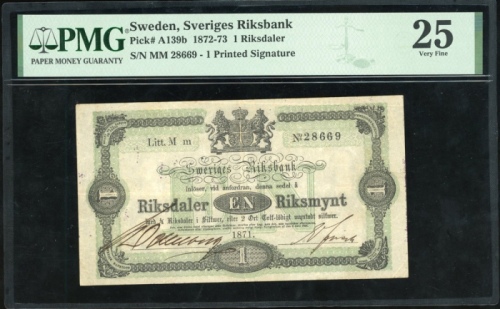 1871年瑞典一塔勒，编号AMM 28669，PMG25，背有贴痕，少见品种 Sweden, Sveriges Riksbank, 1 riksdaler, 1871, serial number A