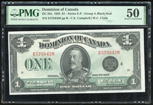  1923年加拿大一圆，编号E5758420，PMG50 Dominion of Canada, $1, 1923, serial number E5758420, (DC-25o), PMG 50.