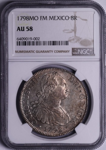  1798年西属墨西哥卡洛斯四世双柱银币 NGC AU58