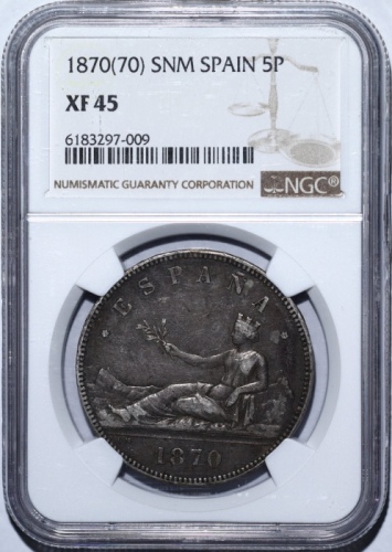  1870年西班牙5比塞塔拿花银币 NGC XF45