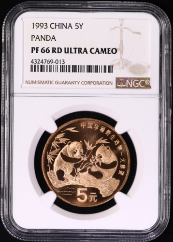  1993年中国珍稀野生动物纪念5元大熊猫精制 NGC PF 66