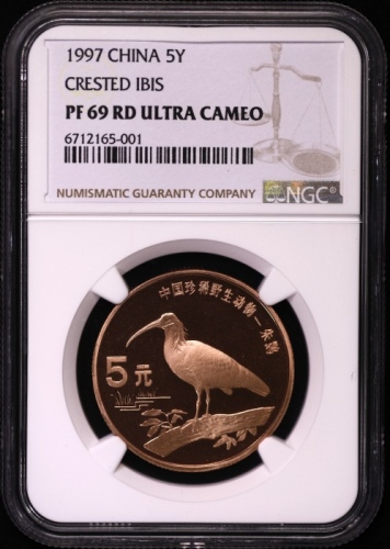  1997年中国珍稀野生动物5元朱鹮精制 NGC PF 69