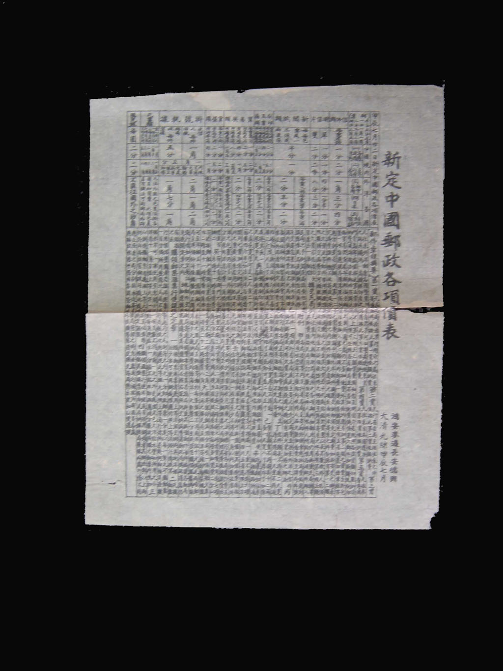 1904年《新定中国邮政各项价表》一件