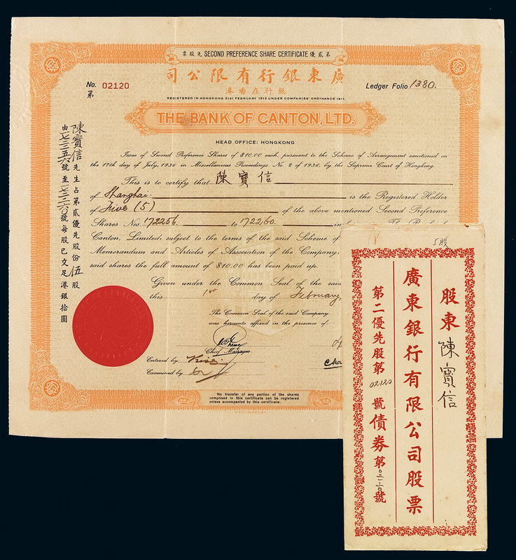 1937年广东银行有限公司股票一张