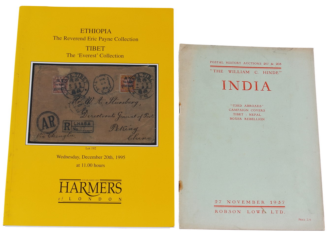 L 1957年Robson Lowe公司举办William C.Hinde专场拍卖目录一册；1995年Harmers公司举办西藏珠峰专场（Everest）拍卖目录一册（附成交价表）