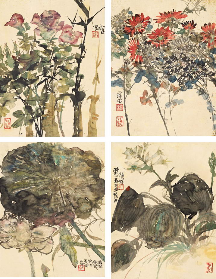 程十髮 花卉四屏  