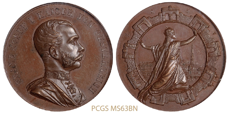 1865年奥地利帝国皇帝弗兰茨·约瑟夫一世像纪念铜章/PCGS MS63BN