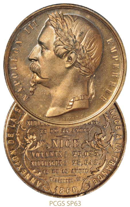 1860年意大利皇帝拿破仑三世头像铜镀金纪念章/PCGS SP63