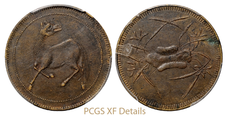 四川珠圈回首马背石束兰二十文型黄铜币/PCGS XF Details