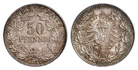 1877年（H）德国50芬尼银币/PCGS MS68