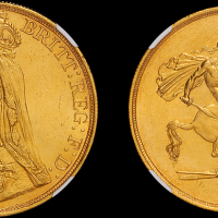 1887年英国维多利亚像马剑5索维林金币一枚，重量：39.9克，是英国最大面值金币，NGC UNC Details