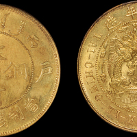 1906年户部丙午大清铜币中心“滇”二十文黄铜币一枚，龙鳞完美，品相难得，完全未使用品