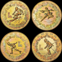 1980年第十三届冬季奥运会纪念铜币四枚全套，精制，均面值：1元，重量：24克，发行量：单枚各2000枚，成套发行1000套，近未使用品